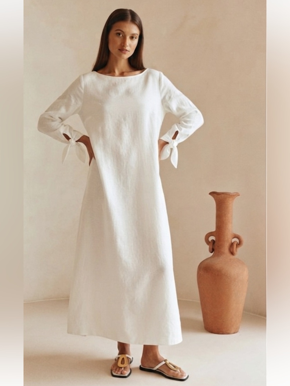 NWT UniqloX Hana Tajima Herringbone Cotton Long Sleeve Maxi Dress XS Off White